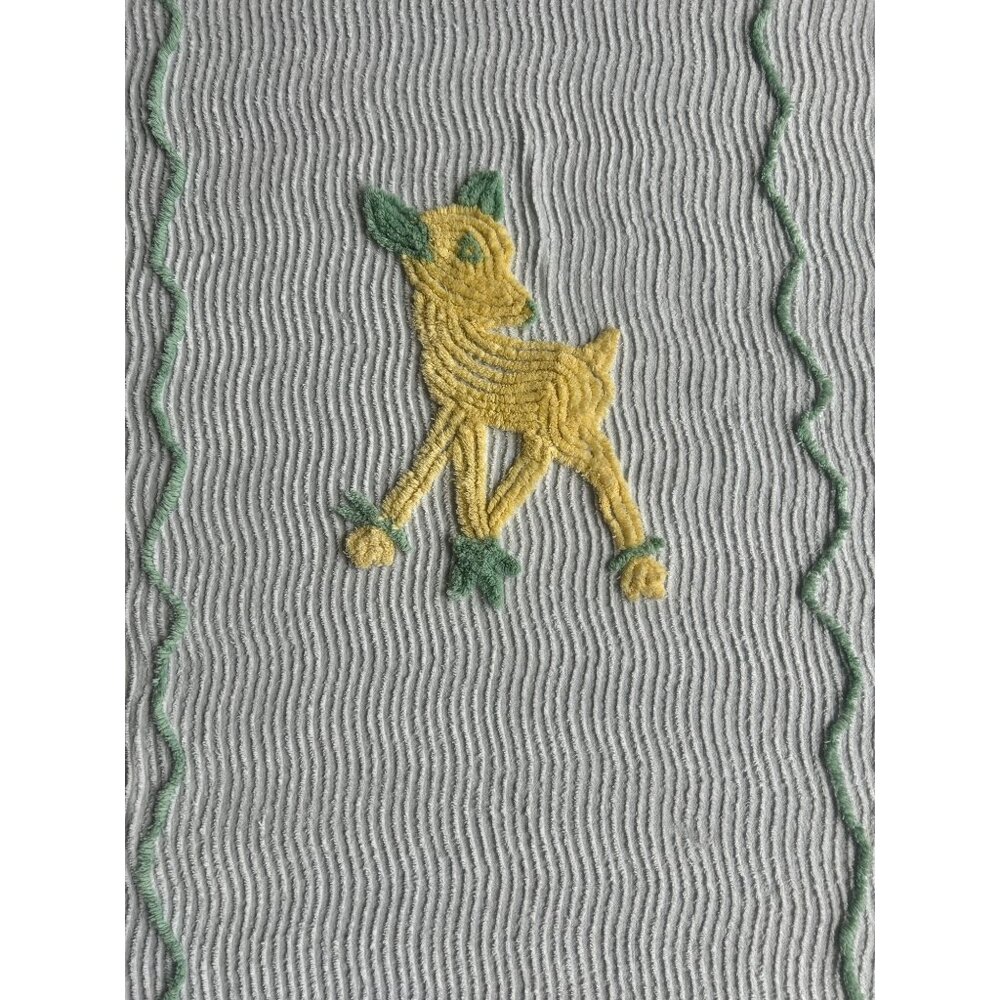 Vintage Chenille Baby Crib Blanket White With Yellow Deer Embroidery Thin Fabric - Picture 2 of 7